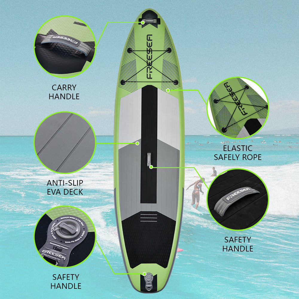 Freesea Tricolor Green Stand Up Paddle Board Design Wide Stance, Surf Control, Non-Slip Deck for Youth & Adult